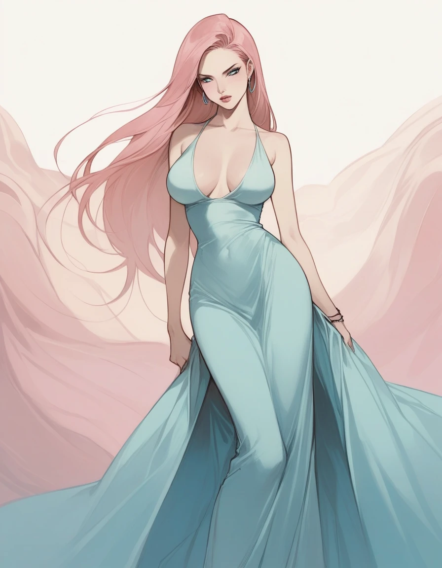 em uma rua iluminada com uma Bugatti atrás Illustration in styles of Harrison Fisher, Jeremy Mann, Alexandre Cabanel, and Tomer Hanuka, of a stunningly beautiful lady sexy big big tits decote em V Angelina jolie girl Power fênix + Avril Lavigne clad in an long dress, em seus pés with the contradiction of men's sandália, atmosphere that balances the delicate and the rugged, soft pastel hues for the dress pink Blue contrasting their sturdy, leather exterior, textures that interplay tone as if at
