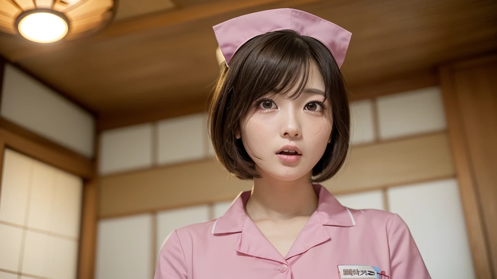 (1 Girl )、(Beautiful Japanese,round face、Refreshing、clear、seems kind、stylish、Pitiful、cute like an angel、cute、black eyes、(Single eyelid:1.3)、(Beautiful skin), {(Japan human face:1.6),(General facial features)} , (((Beautiful breasts:0.4))),(((soft breasts))),(very cute),(enchanting eyes),(highlight on eyes:1.2)、brown hair,(short bob hair),(8K、Live shooting、highest quality、masterpiece:1.2、optimal lighting),(Photo taken by a professional photographer),(real、photo real:1.4),BREAK,{ (pink nurse costume),(((pink taraditional nurse uniform)))},break, hospital,from below,(((1970s vibe)))、Hospital room,face shot:1.4,クローズアップ、,squatting,angry:1.4,open mouth:0.5,looking at viewer,from below