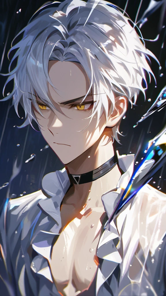 masterpiece, impasto, 1boy, solo, male focus, yellow eyes, white hair, short hair, forehead, idol, kpop, white clothes, black choker, open chest, ruffles, raining, dark background, water, droplets, serious expression