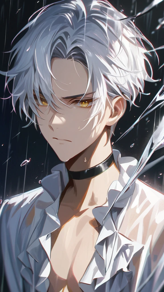 masterpiece, impasto, 1boy, solo, male focus, yellow eyes, white hair, short hair, forehead, idol, kpop, white clothes, black choker, open chest, ruffles, raining, dark background, water, droplets, serious expression