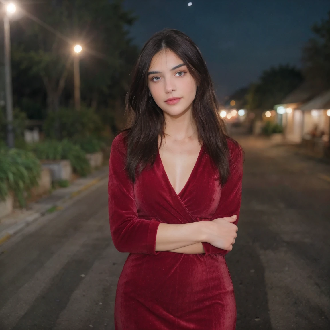 Selfie shot of Beautiful brunette with athletic figure with blonde highlights wearing a sexy red velvet dress, upper body, solo, wearing red pullover, outdoors, (night time), mountains, real life nature, stars, moon, highly detailed, 22 years old, , , innocent face, natural wavy hair, blue eyes, high resolution, Masterpiece, Best quality, Intricate high detail, Highly detailed, Sharp focus, Detailed skin, realistic skin texture, texture, detailed eyes, professional, 4k, charming smile, shot on Canon, 85mm, shallow depth of field, Kodak Vision Color, Perfect Fit Body , extremely detailed, photography_\(ultra\), Photorealistic, Realistic, Post-processing, maximum details, roughness, real life, ultra realistic, Photorealism, photography, 8k UHD, photography, bustyBelle brune portant un pull beige (in miami at night), Very detailed, 21 ans, visage innocent, natural wavy hair, yeux bleus, High resolution, Masterpiece, Best quality, Intricate details, highly detailed, sharp focus, detailed skin, realistic skin texture, texture, detailed eyes, professional, 4K, sourire charmant, filmed in Canon, 85 mm, faible profondeur de champ, Couleur Kodak Vision, perfect fit body, Extremely detailed, photographier_\(ultra\), photoreallistic, Realstic, Post-traitement, maximum details, roughness, real life, ultra realist, photorealism, photographie, 8K UHD, (((Thick figure))), (((Hourglass figure))), ((( Figure hugging one piece red velvet dress )))