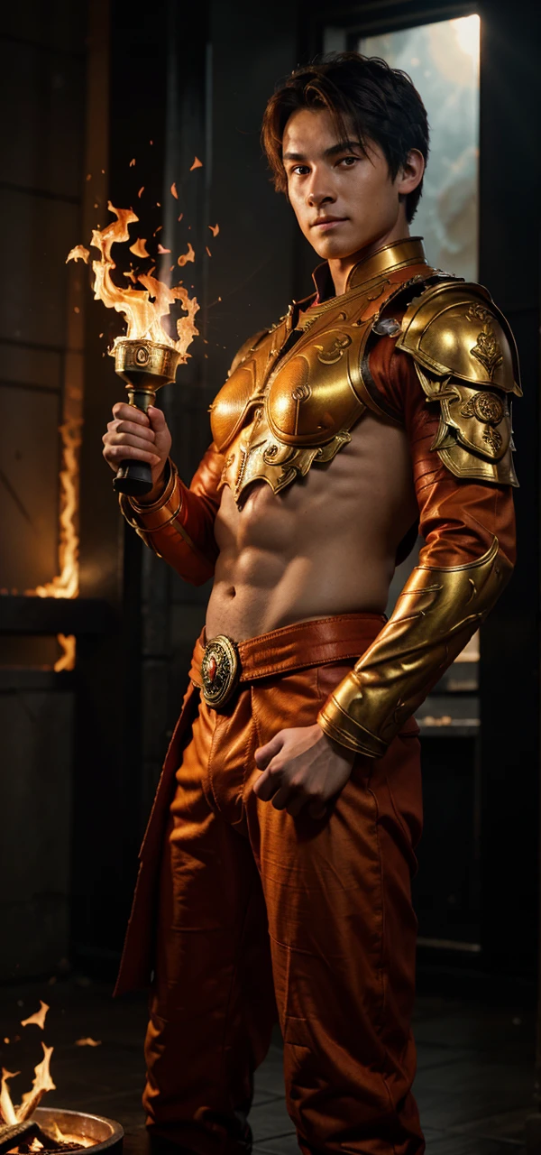8K,A very young boy, the God of Fire, clothed in the energy of a 16-year-old.,Super handsome(Like the real thing),He looks at the audience with a fearless smile.,Orange Hair,Orange Flame Armor(Fire God Crest),Orange Flame Gauntlet(Fire God Crest),Orange Flame Leg Guards(Fire God Crest),Dark and desolate land,Photorealistic RAW photos of the highest quality。Bright colors,Rich colors, Backlight, Cinema Lighting, Film Grain, 50mm lens, Nikon D850,Realistic Skin,Fantasy art,Character Art,Ultra-high resolution,Realistic Skin,Extremely strong and defined abs,bulging muscles,A 16-year-old boy who is the god of fire,Golden Eyes,Black Flame God Outfit(Orange flame emblem filigree),Dynamic fighting pose,