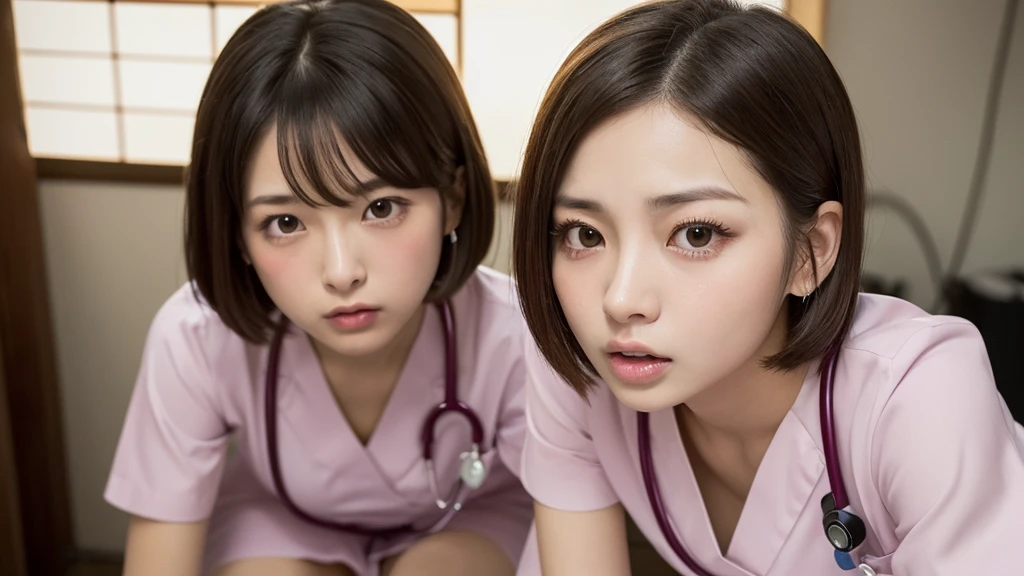 (1 Girl )、(Beautiful Japanese,round face、Refreshing、clear、seems kind、stylish、Pitiful、cute like an angel、cute、black eyes、(Single eyelid:1.3)、(Beautiful skin), {(Japan human face:1.6),(General facial features)} , (((Beautiful breasts:0.4))),(((soft breasts))),(very cute),(enchanting eyes),(highlight on eyes:1.2)、brown hair,(short bob hair),(8K、Live shooting、highest quality、masterpiece:1.2、optimal lighting),(Photo taken by a professional photographer),(real、photo real:1.4),BREAK,{ (pink nurse costume),(((pink taraditional nurse uniform)))},break, hospital,from below,(((1970s vibe)))、Hospital room,face shot:1.4,クローズアップ、,squatting,angry:1.4,open mouth:0.5,looking at viewer