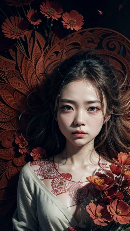 Official Art, unity wallpaper 8k, ultra detailed, beautiful and aesthetic, Masterpiece, Best Quality, (zenplot, mandala, plot, enplot), (Fractal Art:1.3) , 1 girl, Red flowers,  extremely detailed, dynamic angle, cowboy shot, the most beautiful form of chaos, elegant, a brutalist designed, vivid colors, romance, By James Jean, Roby Dwi Antono, Rosa Tran, Francis Bacon, it was very cold, genius adrian, petra corright, Gerhard Richter, Takato Yamamoto, madera ashley, atmospheric