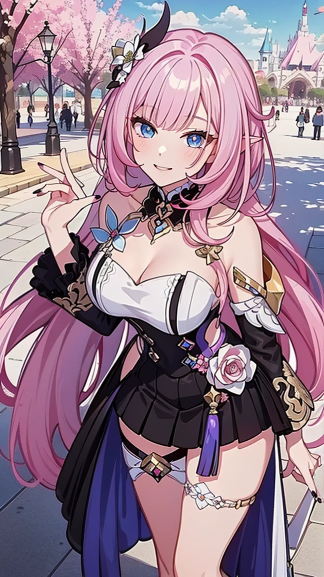 Masterpiece, Super Detail, High Quality, 8K, top quality, one girl, alone, looking at viewer, bangs, elisia, honkai impact, pink hair, light blue eyes, long hair, manicure, hair ornament, holding up hand, flower, blunt bangs, charming smile, tassel, colorful, amusement park background, ruffles, multi colored hair, ((Above the knees image standing)), nails
