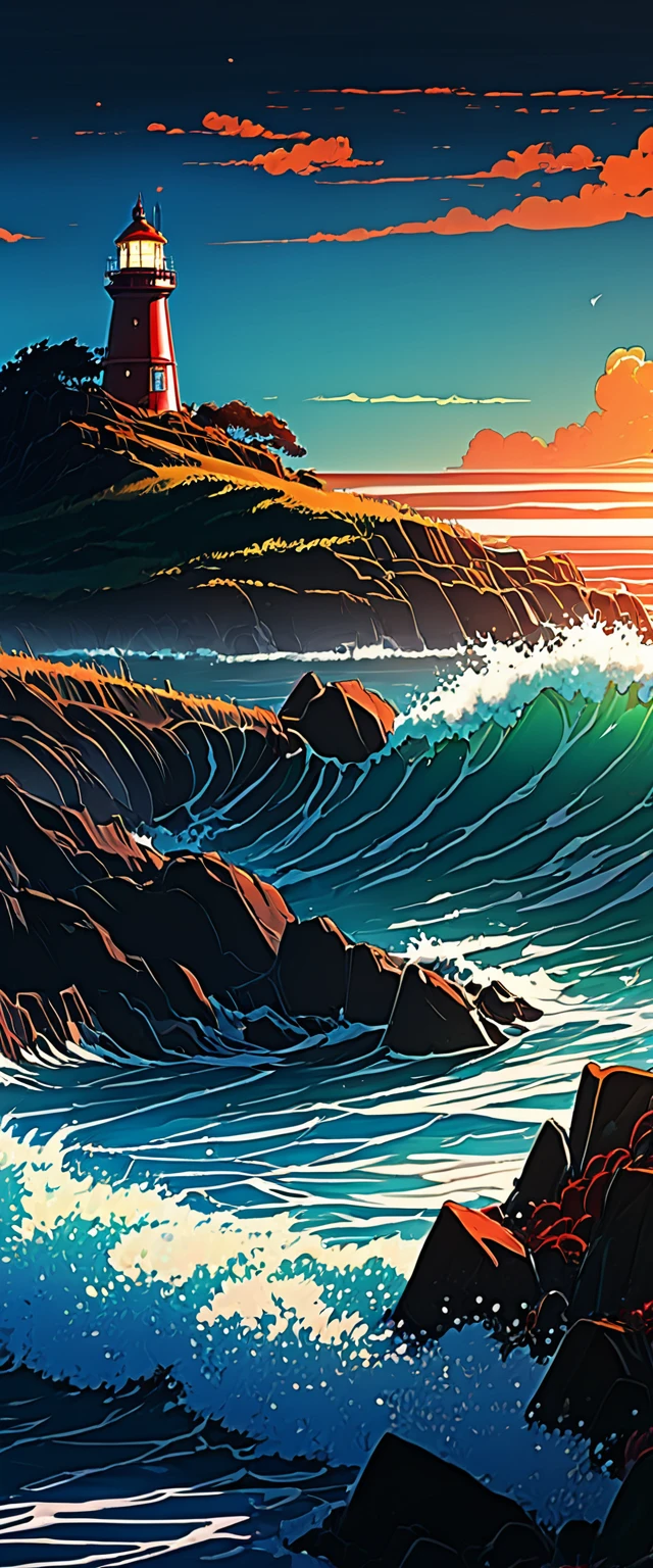 high quality, 8k ultra high definition. The image shows a lighthouse on the shore shining in the afternoon with a sea. The Scary Ocean at Sunrise from a grassy hill.., with a background of vibrant blue sky and red and orange tones of the sun. anime art wallpaper 4k, anime art wallpaper 4k, animated background, 8K Animated Art Wallpaper, Artistic background of anime., anime landscape wallpaper, amazing wallpaper, Definición de fondo de pantalla de high quality,4k anime wallpaper,4k anime wallpaper,Aries Moross art,art by Bob Byerley,AshleyWoodArtAI,greg rutkowski