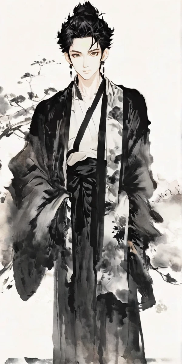 Movie light, fashion, top light, close-up, close-up, spotlight, hazy, Chen family cold, ink portrait, Bokuto Kotaro from haikyuu,Bokuto Kotaro from haikyuu,Strong and masculine body with gorgeous clothing china ,Line Art,Chinese ink ,Chinese ink