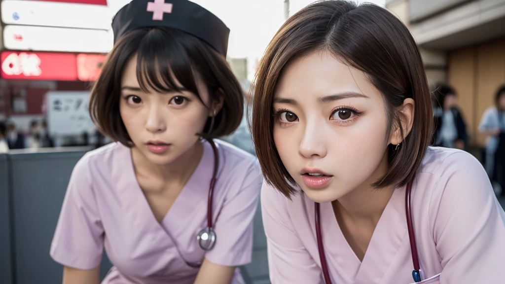 (1 Girl )、(Beautiful Japanese,round face、Refreshing、clear、seems kind、stylish、Pitiful、cute like an angel、cute、black eyes、(Single eyelid:1.3)、(Beautiful skin), {(Japan human face:1.6),(General facial features)} , (((Beautiful breasts:0.4))),(((soft breasts))),(very cute),(enchanting eyes),(highlight on eyes:1.2)、brown hair,(short bob hair),(8K、Live shooting、highest quality、masterpiece:1.2、optimal lighting),(Photo taken by a professional photographer),(real、photo real:1.4),BREAK,{ (pink nurse costume),(((pink taraditional nurse uniform)))},break, hospital,from below,(((1970s vibe)))、Hospital ,face shot:1.4,クローズアップ、,squatting,angry:1.4,open mouth:0.5,looking at viewer
