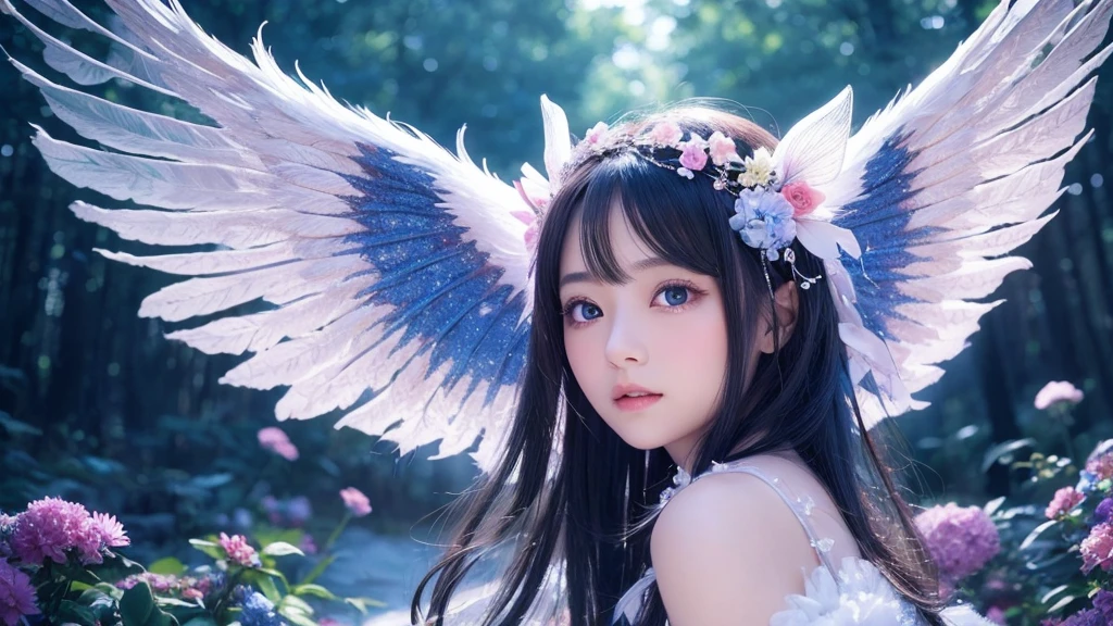 1920×1080、Photogenic reality、heaven、Fantasy、magic、In the fantasy forest、Wrapped in dazzling light、眩Shiiほどの黄金色の光が降り注ぐ、god々Shii、Fantasy、Spreading its large wings、cute、Beauty、Adult female、Big Eyes、一人の美Shii天使の全身の画像を作ってください