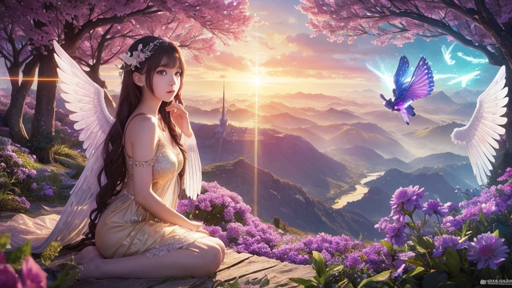 1920×1080、Photogenic reality、heaven、Fantasy、magic、In the fantasy forest、Wrapped in dazzling light、眩Shiiほどの黄金色の光が降り注ぐ、god々Shii、Fantasy、Spreading its large wings、cute、Beauty、Adult female、Big Eyes、一人の美Shii天使の全身の画像を作ってください