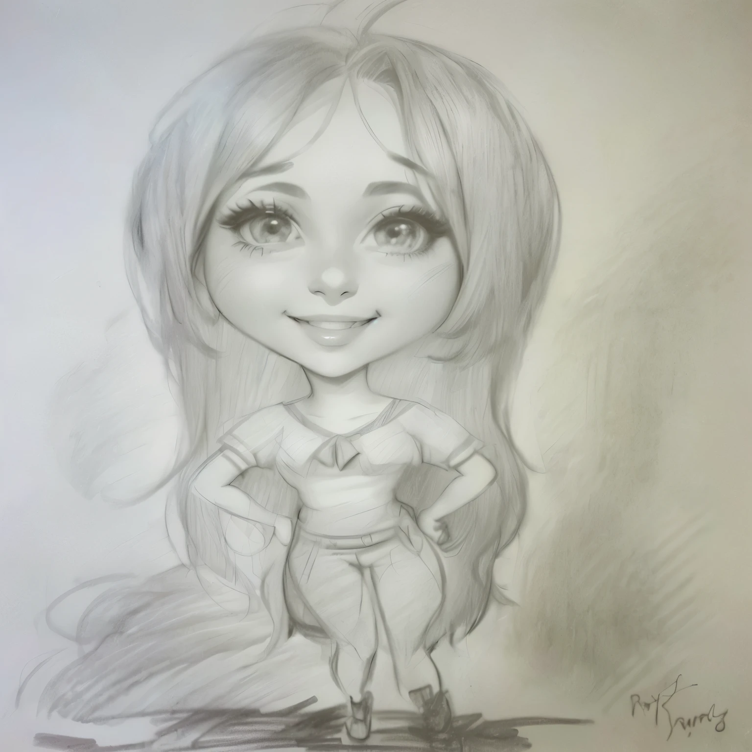 drawing of a cartoon girl with big eyes and a big smile, caricature!!!, caricature, caricature style, caricatural, charicature, cartoon drawing, cartoon portrait, mid 2 0's female, by Randy Vargas, professional sketch, artist sketch, a pencil sketch, cartoon art, cartoon shading, chibi, caricature illustration, traditional art, pencil style, shading!!!