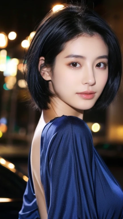 Highest quality、Japanese women、The most beautiful woman in the world、sexy、Blue-black hair color、Short Hair Style、Small face、Beautiful skin、night、Large breasts、Realistic、Black shirt