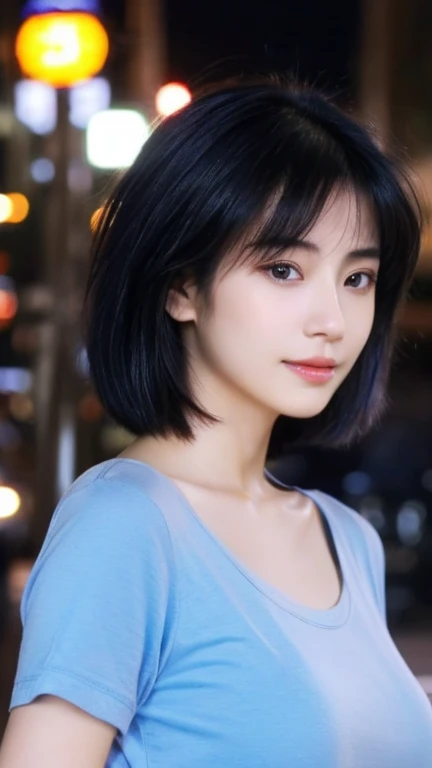 Highest quality、Japanese women、The most beautiful woman in the world、sexy、Blue-black hair color、Short Hair Style、Small face、Beautiful skin、night、Large breasts、Realistic、Black shirt