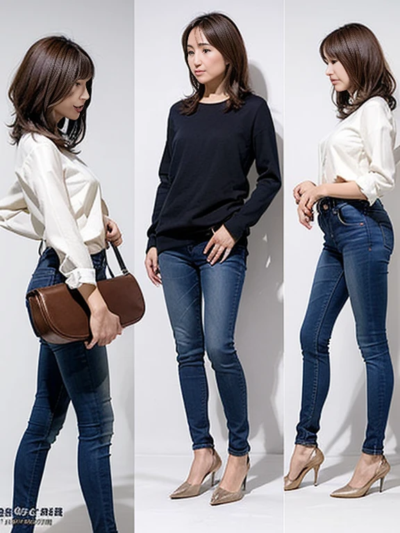 Detailed character sheet, Front view, Side view, Oblique view, with a white returnground, show women, 30 years old, with short dark brown hair combed return, Light casual clothing, Wearing tight denim jeans. The seat includes different angles, Front desk etc.., return, and Side views, Model and Reference Sheets, Full body painting. The ratio is based on 7.5 Head Scale.