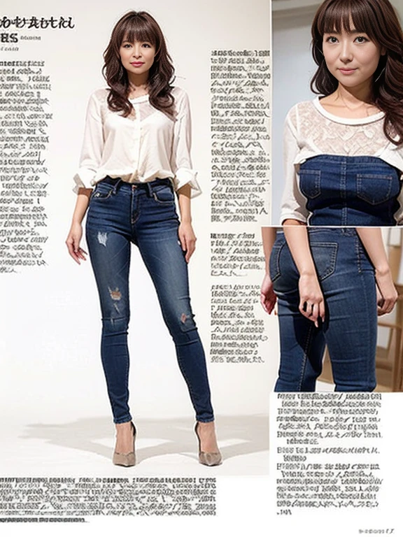 Detailed character sheet, Front view, Side view, Oblique view, with a white returnground, show women, 30 years old, with short dark brown hair combed return, Light casual clothing, Wearing tight denim jeans. The seat includes different angles, Front desk etc.., return, and Side views, Model and Reference Sheets, Full body painting. The ratio is based on 7.5 Head Scale.