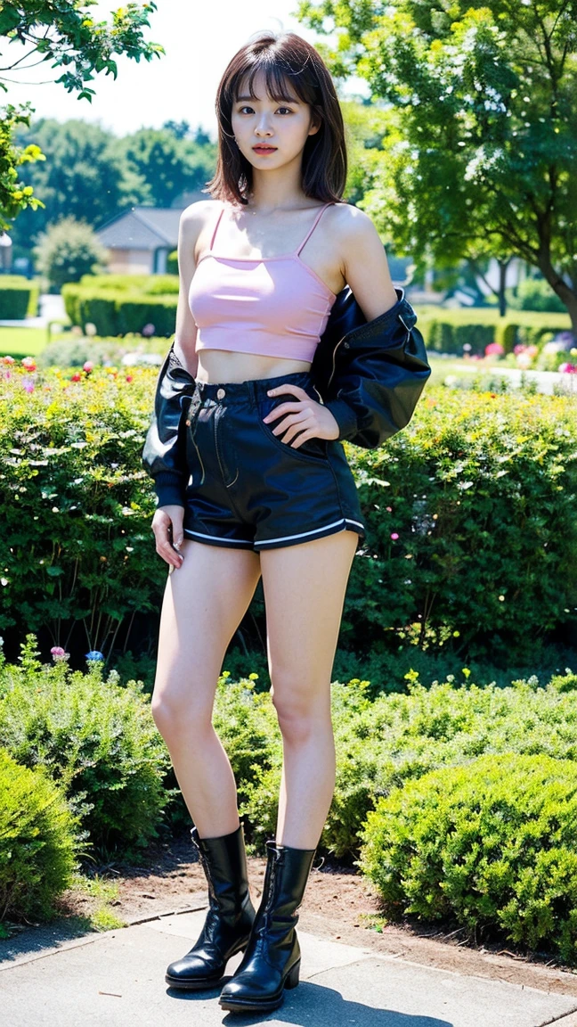 (8K、RAW Photos、Highest quality、masterpiece:1.2)、(Highest quality、Realistic)、1 Girl、((Tube top、Shorts、Medium Hair、Pink and black、Thin legs、whole body、boots、garden、View from the front、Looking into the camera、Stand with hands on hips))、cute