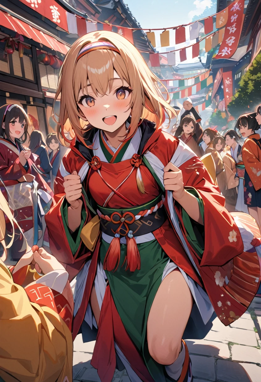 (masterpiece, best quality:1.1),A vibrant scene of young girls joyfully carrying a beautifully decorated (mikoshi the Portable Sinto shrine) through the streets of town during the japanese festival.The girls are dressed in traditional festival attire with happi coats and headbands and loincloth, surrounded by festive decorations and cheering crowds. The background features historical Japanese buildings and colorful banners.