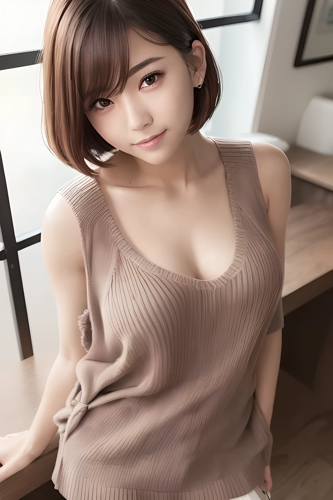 (masterpiece:1.3), (8K, Photorealistic, Raw photo, Best image quality: 1.4), One Japan schoolgirl、(Leaning forward:1.3)、Photographed from diagonally above、(Random Hairstyles:1.2)、Super detailed face、Attention to detail、double eyelid、Sharp focus:1.2、Beautiful woman:1.4、Light brown hair、Highest quality、masterpiece、Ultra-high resolution、(Photorealistic:1.4)、Highly detailed and professionally lit smile、(A random color tank top under a sheer random color oversized tunic sweater)、Pleated skirt、thin、Serious expression、Short-haired、Modern cafe