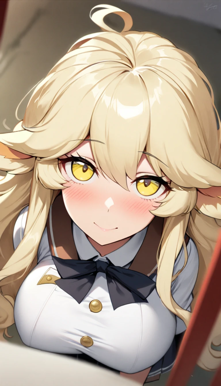 1girl,solo,twisted corner,sheep ear,fluffy hair,long hair with a lot of hair,cream hair color,light yellow eye color,Calm face,docile face,blush,huge breasts,slender,Vertical lines academy uniform,short stature,looking at viewer,Taken from the viewpoint above,upturned eyes,standing up,academy
back ground