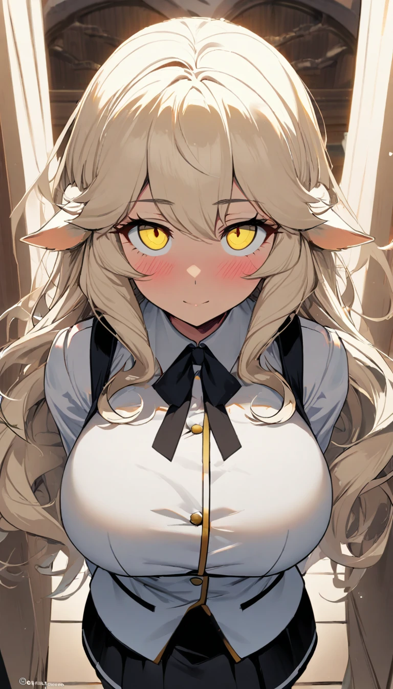1girl,solo,twisted corner,sheep ear,fluffy hair,long hair with a lot of hair,cream hair color,light yellow eye color,Calm face,docile face,blush,huge breasts,slender,Vertical lines academy uniform,short stature,looking at viewer,Taken from the viewpoint above,upturned eyes,standing up,academy
back ground