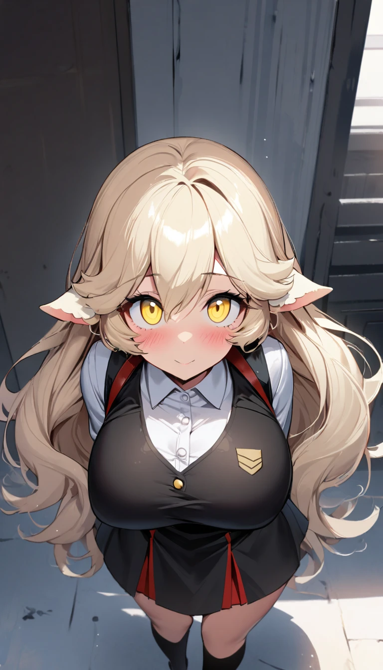 1girl,solo,roll angle,sheep ear,fluffy hair,long hair with a lot of hair,cream hair color,light yellow eye color,Calm face,docile face,blush,huge breasts,slender,Vertical lines academy uniform,short stature,looking at viewer,Taken from the viewpoint above,upturned eyes,standing up,academy
back ground