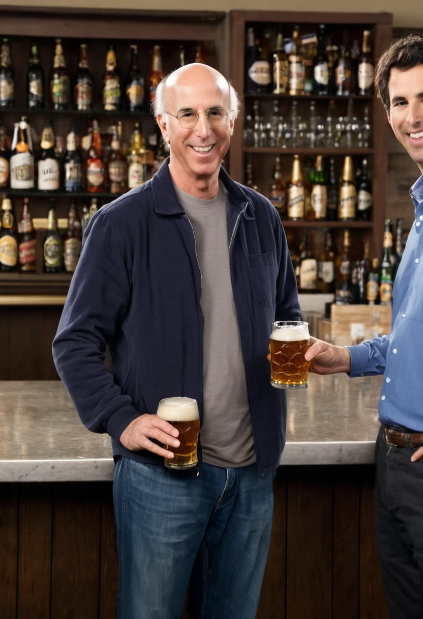 Nathan Fielder, Larry David, standing together, casually dressed, smiling, photorealistic, high-resolution, bar, well-lit, realistic photo, holding beer bottles
