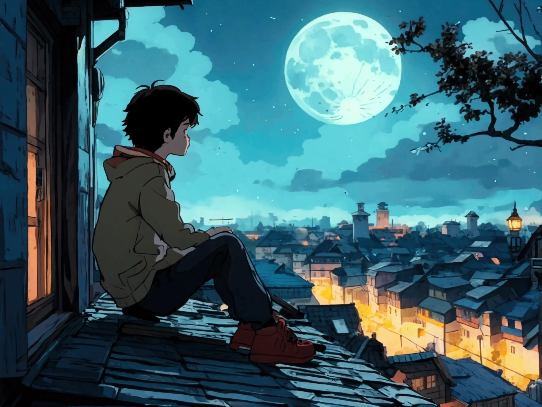 A boy is sitting on a roof on a night when the moon is high..