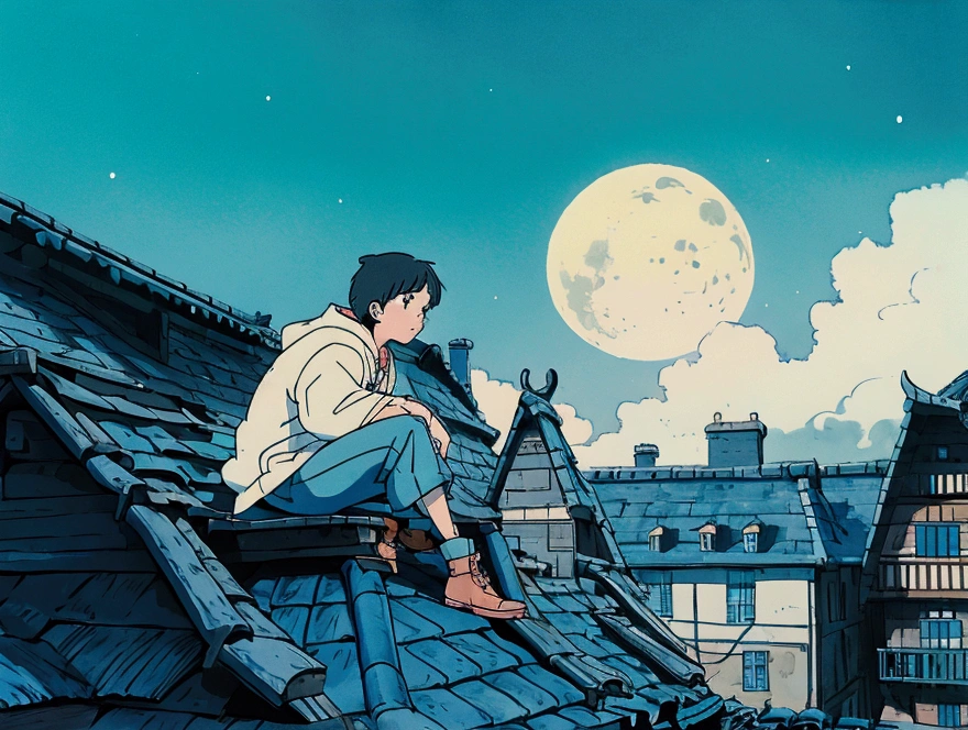 A boy is sitting on a roof on a night when the moon is high..