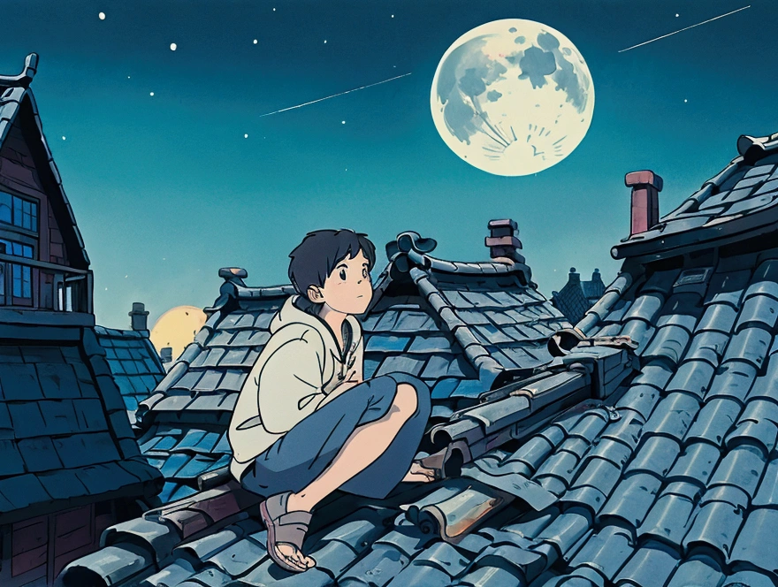 A boy is sitting on a roof on a night when the moon is high..