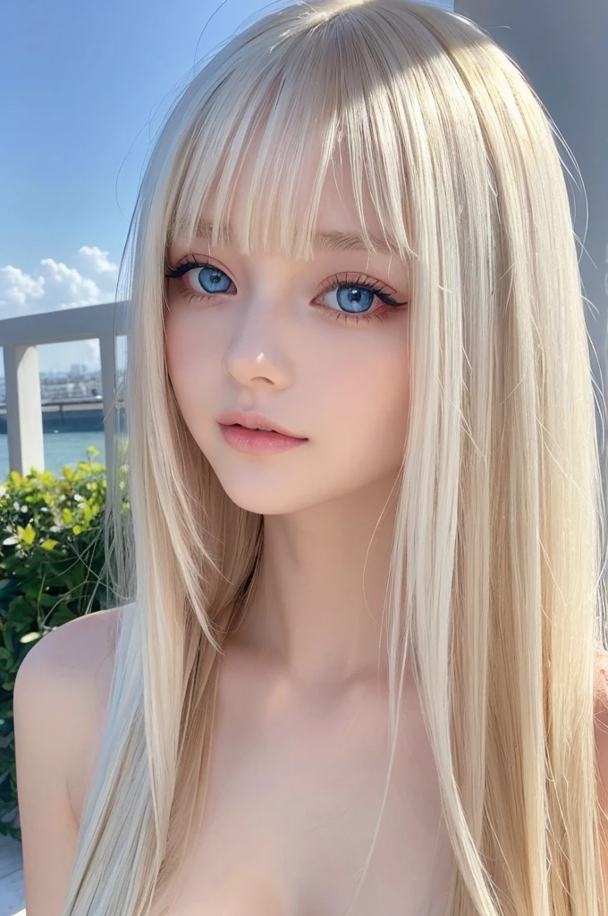 Beautiful white and shining skin, 3 Up, Unparalleled beauty, bright, Refreshing and gentle look, Perfect beautiful pretty face、Shiny platinum blonde silky long straight hair, Beautiful shiny bangs, naked,Showing off pussy,A very beautiful and beautiful 17 year old girl, eyeliner, so perfect and beautiful、big, Clear sky blue eyes、Very beautiful bright eye highlights