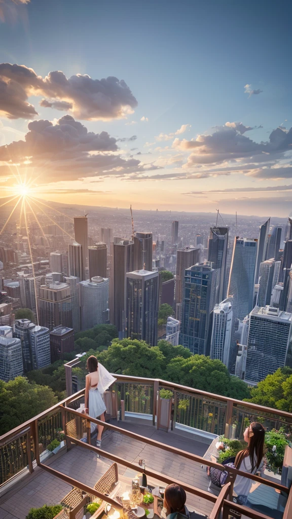 (Tabletop:1.2) (Highest quality) (detailed) (Complex) (8K) (Hmph) (wallpaper) (Cinema Lighting) (Sharp focus),One Girl, building, Chain link_fence, fence, Skyscraper, 都city景観, trigger_wheel, green_Sky Porn, city, racket, Sky Porn, blush, tennis_racket, Skyline, On the roof, architecture, smile, Day, East_Asian_architecture, lens_Flare, Tower, bridge, They want, Open_mouth, Genuine_world_Location, Abigail