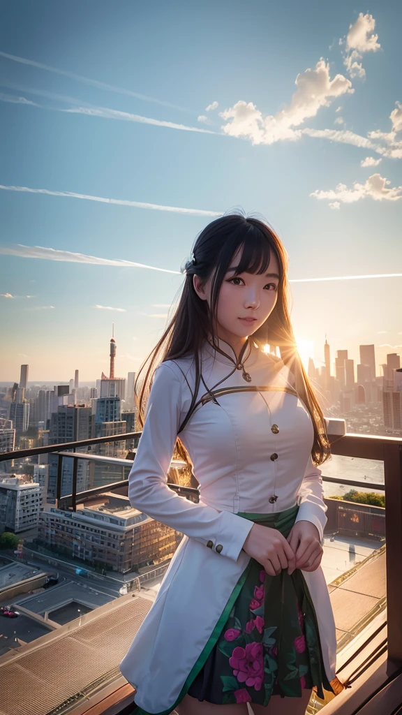 (Tabletop:1.2) (Highest quality) (detailed) (Complex) (8K) (Hmph) (wallpaper) (Cinema Lighting) (Sharp focus),One Girl, building, Chain link_fence, fence, Skyscraper, 都city景観, trigger_wheel, green_Sky Porn, city, racket, Sky Porn, blush, tennis_racket, Skyline, On the roof, architecture, smile, Day, East_Asian_architecture, lens_Flare, Tower, bridge, They want, Open_mouth, Genuine_world_Location, Abigail