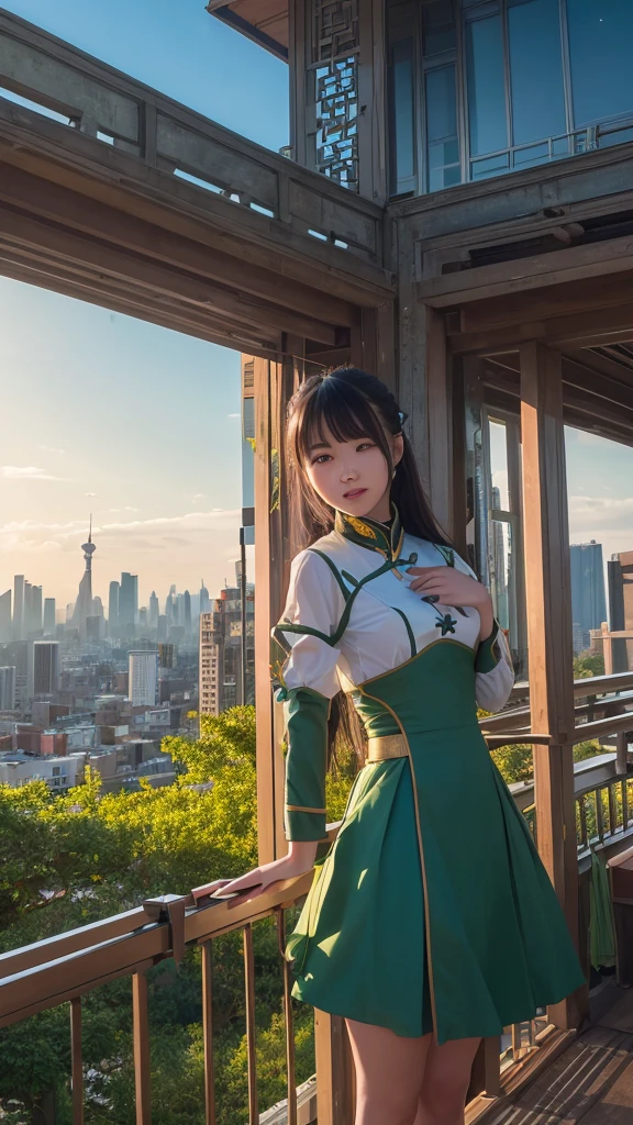 (Tabletop:1.2) (Highest quality) (detailed) (Complex) (8K) (Hmph) (wallpaper) (Cinema Lighting) (Sharp focus),One Girl, building, Chain link_fence, fence, Skyscraper, 都city景観, trigger_wheel, green_Sky Porn, city, racket, Sky Porn, blush, tennis_racket, Skyline, On the roof, architecture, smile, Day, East_Asian_architecture, lens_Flare, Tower, bridge, They want, Open_mouth, Genuine_world_Location, Abigail