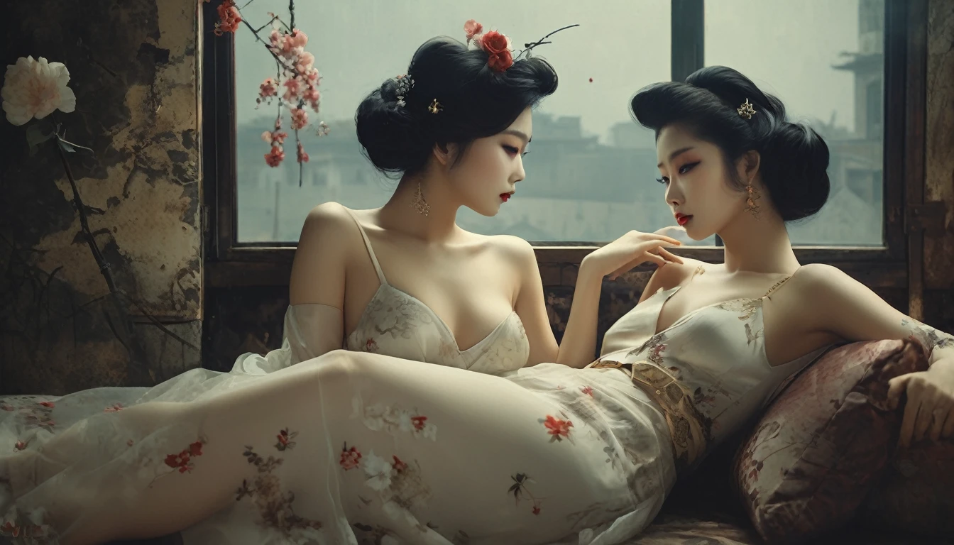 Two women in lingersuits laying on a bed with flowers, perfect round butt, bubble butt, back view, inspired by Yanjun Cheng, yanjun chengt, painting, inspired by Wang Duo, inspired by Chen Yifei, roberto ferri and ruan jia, girls resting, two models in the frame, two girls, inspired by Fenghua Zhong, inspired by Zhang Xuan, by Dai Xi a close up of a woman with a flower crown on her head, asian features, jinyoung shin, inspired by Yanjun Cheng, traditional art, korean artist, gorgeous chinese model, yanjun chengt, fanart, by Ni Tian, beautiful south korean woman, official artwork, by Wu Bin, wenfei ye, popular south korean makeup, a young asian woman absolutely abstract Retro vintage art print, sexy, glamorous pin-up girl wearing a sailors hat, bikini, A painting of a woman wife ((golden ratio}} laying on the sofa after a long night on the town, a painting, a Beautiful expressive painting, malcolm liepke painting, glossy painting, beautiful digital painting, digital art painting, Fine paintings, monochromatic. malcolm liepke oil painting, impressionist painting.Spread your legs apart, beautiful and delicate face, fair skin