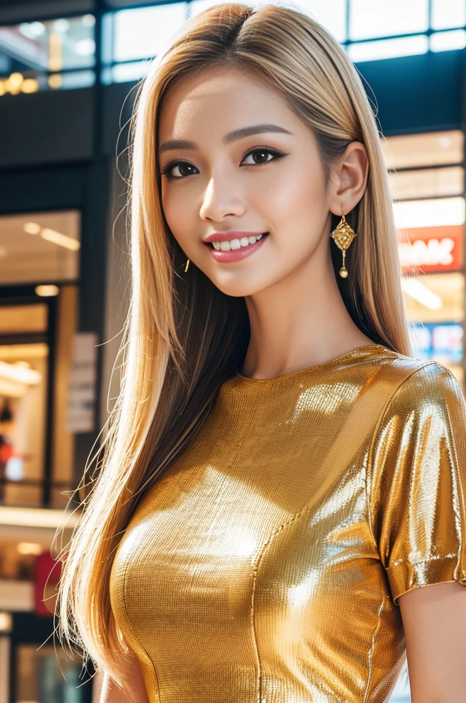 (best quality, 4k ,8k, highres, masterpiece:1.2), ultra-detailed, (realistic, photorealistic, photo-realistic:1.37), closeup, beautiful Thai woman, (slim girl), (happy smile), long lashes, beautiful makeup, platinum blonde hair, fair skin, slender figure, elegant posture, wearing large sparkling colorful jewelery, wearing a business style leather dress, standing in a large shopping mall, gentle sunlight shining through the shopping mall windows, casting a soft glow on her face, adding warmth to the scene, vibrant colors, capturing the essence of vibrant city life, portrait style, showcasing her natural beauty and grace in a feminine way