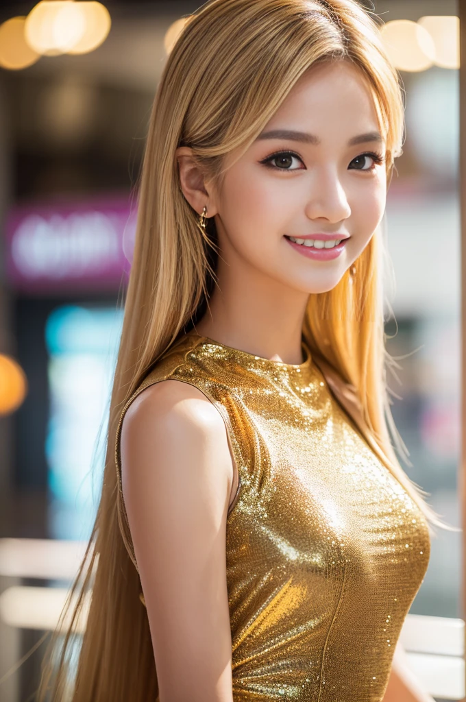 (best quality, 4k ,8k, highres, masterpiece:1.2), ultra-detailed, (realistic, photorealistic, photo-realistic:1.37), closeup, beautiful Thai woman, (slim girl), (happy smile), long lashes, beautiful makeup, platinum blonde hair, fair skin, slender figure, elegant posture, wearing large sparkling colorful jewelery, wearing a business style leather dress, standing in a large shopping mall, gentle sunlight shining through the shopping mall windows, casting a soft glow on her face, adding warmth to the scene, vibrant colors, capturing the essence of vibrant city life, portrait style, showcasing her natural beauty and grace in a feminine way