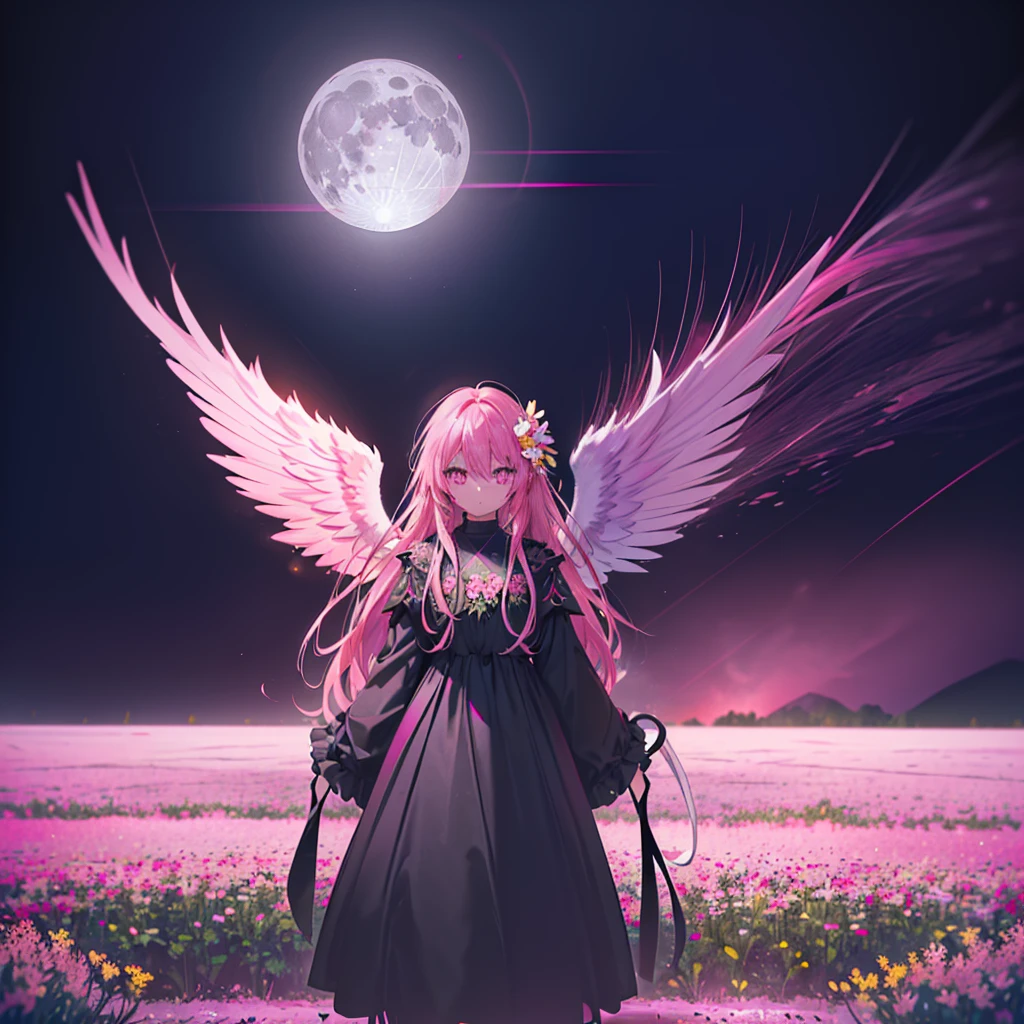 ((((Standing in a flower field))))　(((Long Hair　Pink Eyes　Pink Hair　Black Dress　Archangel)))　((night　満moon　Western style　Shining Aura　Face is close　Standing in a flower field　Close-up))　Broken glass　Big ribbon　moon　star　Catch the wind