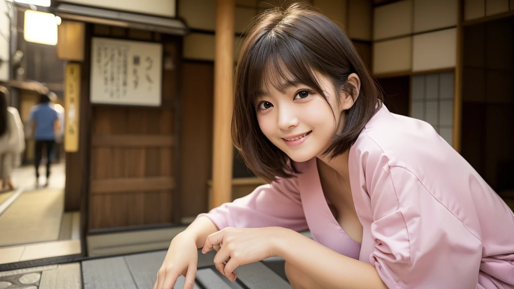 (1 Girl )、(Beautiful Japanese,round face、Refreshing、clear、seems kind、stylish、Pitiful、cute like an angel、cute、black eyes、(Single eyelid:1.3)、(Beautiful skin), {(Japan human face:1.6),(General facial features)} , (((Beautiful breasts:0.4))),(((soft breasts))),(very cute),(enchanting eyes),(highlight on eyes:1.2)、brown hair,(short bob hair),(8K、Live shooting、highest quality、masterpiece:1.2、optimal lighting),(Photo taken by a professional photographer),(real、photo real:1.4),BREAK,{ (pink nurse costume),},break, hospital,from below,(((1970s vibe)))、Hospital ,face shot:1.4,クローズアップ、,squatting,Smile:1.0,open mouth:1.2,looking at viewer