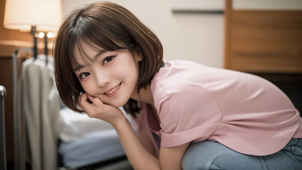 (1 Girl )、(Beautiful Japanese,round face、Refreshing、clear、seems kind、stylish、Pitiful、cute like an angel、cute、black eyes、(Single eyelid:1.3)、(Beautiful skin), {(Japan human face:1.6),(General facial features)} , (((Beautiful breasts:0.4))),(((soft breasts))),(very cute),(enchanting eyes),(highlight on eyes:1.2)、brown hair,(short bob hair),(8K、Live shooting、highest quality、masterpiece:1.2、optimal lighting),(Photo taken by a professional photographer),(real、photo real:1.4),BREAK,{ (pink nurse costume),},break, hospital,from below,(((1970s vibe)))、Hospital ,face shot:1.4,クローズアップ、,squatting,Smile:1.0,open mouth:1.2,looking at viewer