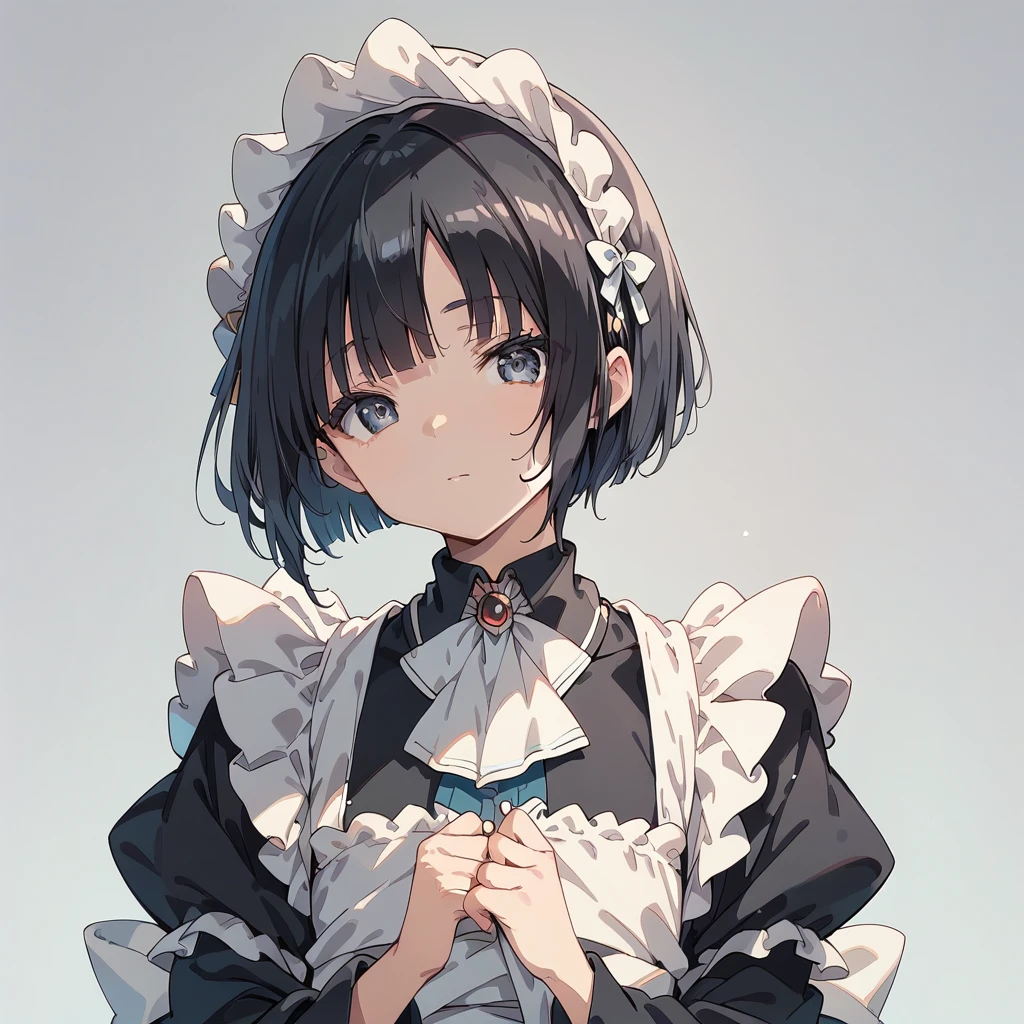 score_9, score_8_up, score_7_up,masterpiece,(bestquality),highlydetailed,ultra-detailed,1 boy, upper body, solo, front view,  femboy, otokonoko, black hair, bobcut, tiny height, flat chest, maid cloth, maid headdress, loafers, pantyhose, simple background