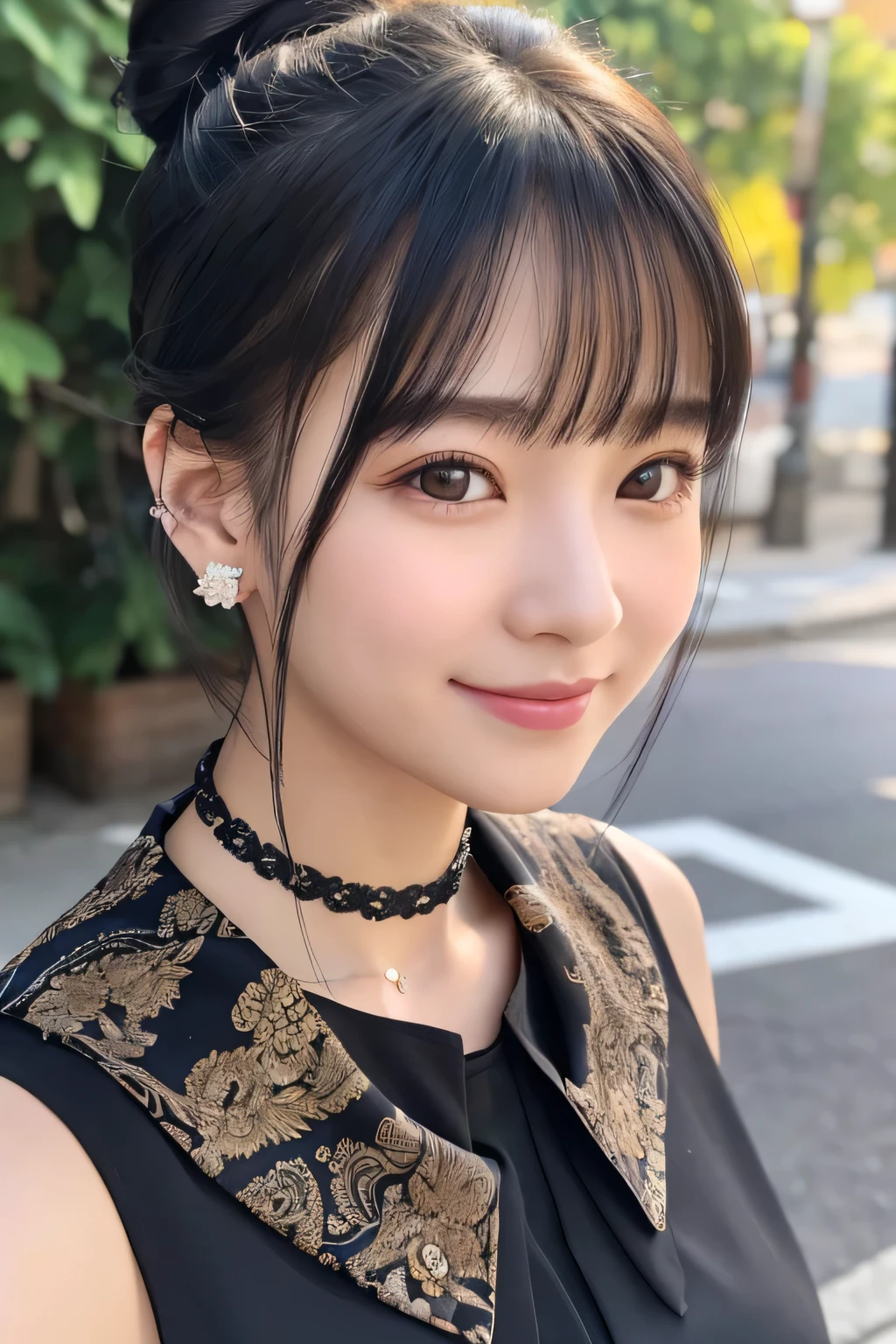 young woman、Black Hair、、Hairstyle bun、ear piercing、Necklace around the neck、blouse、Emphasize the chest、smile、Intricate details, Very detailed:1.2), 、hair band、 Looking into the camera、The background is the office