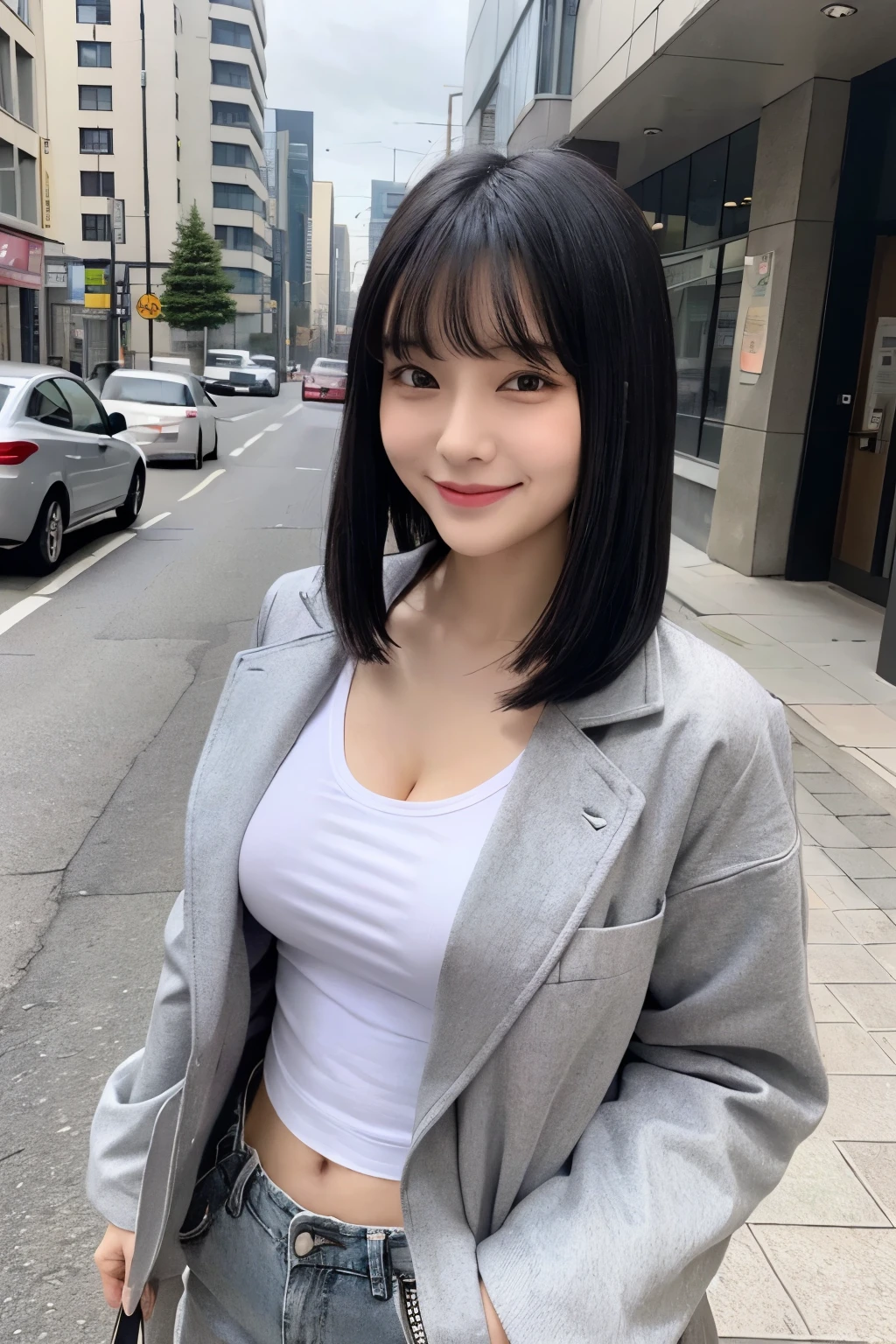 Cute Woman、Black Hair、Blunt bangs、smile、Big breast 、Sexy body、Grey jacket(White scoop neck T-shirt)、Grey long pants、standing in the street