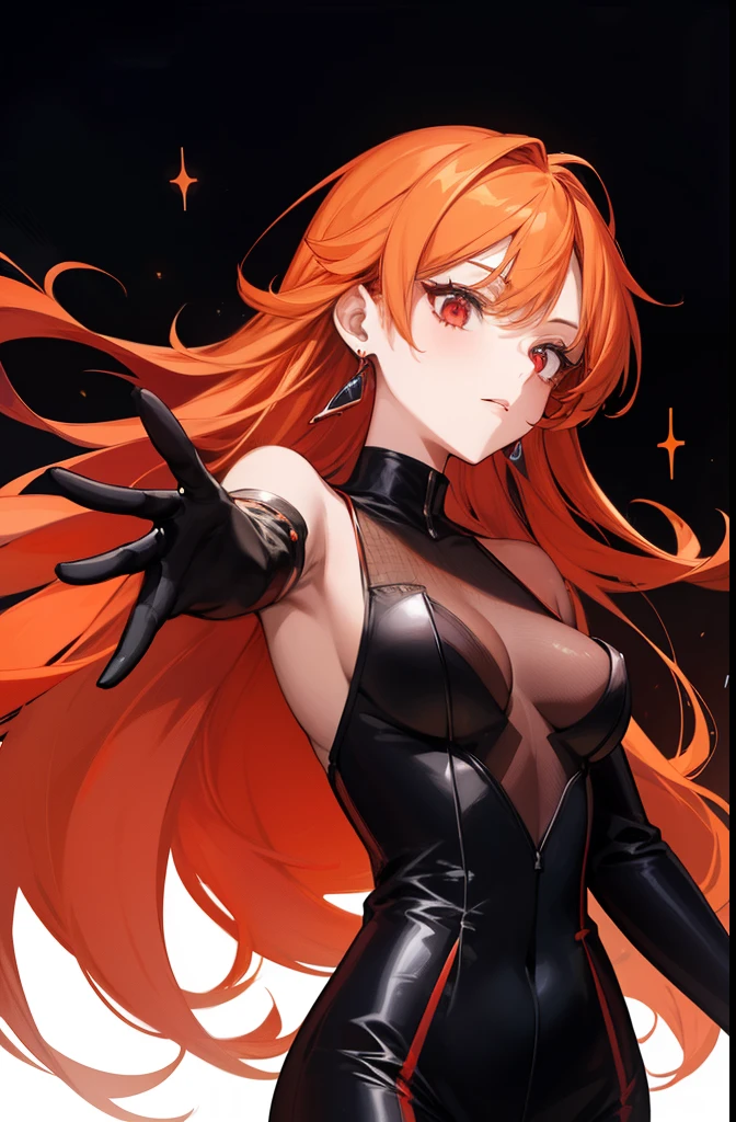 1girl, fire sparkle background upper up body, masterpiece, high quality, red ombre orange hair, long hair, tall girl, black outfit, cheerful, red eyes, black gloves, adult, earrings, latexs suit, reaching out hand