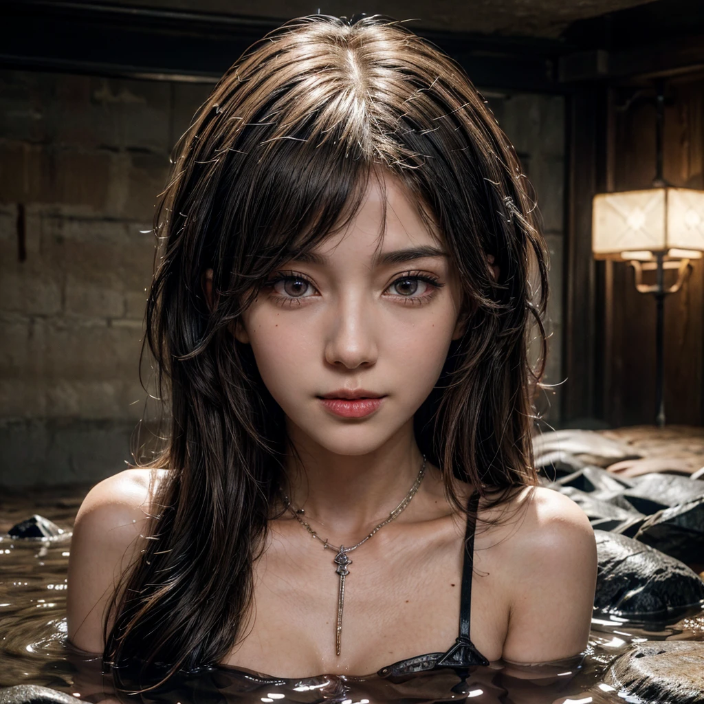 (msterpiece:1.3), (8k, RAW photo, best quality: 1.4), beautiful face, beautiful hairstyle, beautiful detailed eyes, beautiful skin, ultra high res, highly detailed,NSFW, 3 girls in abandoned underground prison cell, big breast,facial close up,necklace,arms behind back,evil smile,knife,light long hair, ultra detailed skin,Heavy makeup, flower hairpin, naked,colorful patterned lace dress,half body,muddy water on ground,on a rock