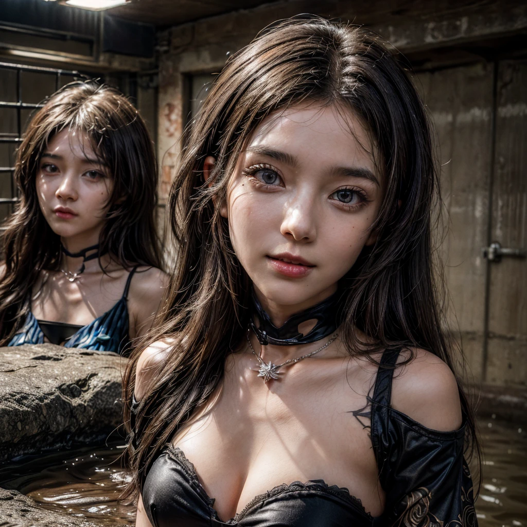 (msterpiece:1.3), (8k, RAW photo, best quality: 1.4), beautiful face, beautiful hairstyle, beautiful detailed eyes, beautiful skin, ultra high res, highly detailed,NSFW, 3 girls in abandoned underground prison cell, big breast,facial close up,necklace,arms behind back,evil smile,knife,light long hair, ultra detailed skin,Heavy makeup, flower hairpin, naked,colorful patterned lace dress,half body,muddy water on ground,on a rock