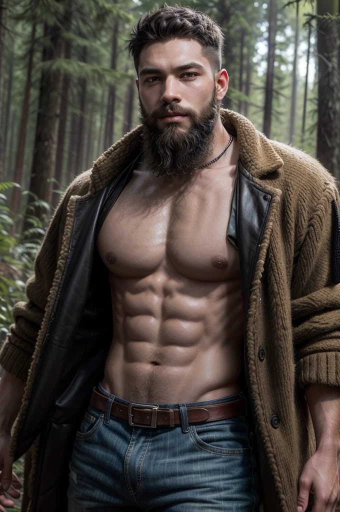 Create a high-quality and realistic image of a young black man with short hair and an imposing beard. He should have a determined smile and fierce, penetrating golden eyes, dressed in adventurer-style clothing reminiscent of Indiana Jones, with leather details and utility accessories. The young man should have an athletic body and be in a wilderness setting, with dense vegetation and natural elements in the background. Use detailed textures for the skin, hair, beard, and clothing of the young man. Specify a cinematic lens with a shallow depth of field to focus on the young man and create a blurred background that highlights the wilderness setting. Use natural and realistic lighting to enhance the features of the young man and the atmosphere of the environment. Negative prompts: no body deformities, no unnatural proportions, no low-quality textures, no unrealistic lighting.