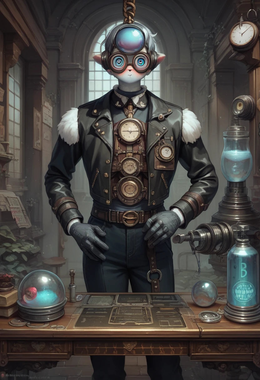 Steampunkai, crazy inventor, creating in his laboratory, al (frankenstein's monster)