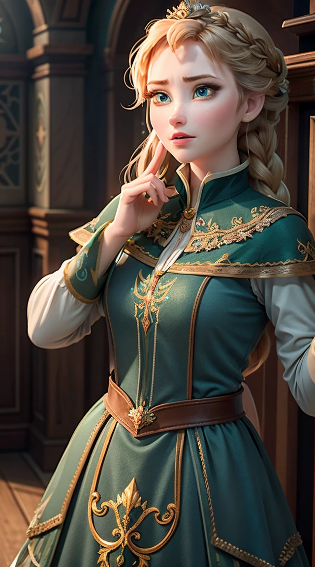 Photo of Anna of Arendelle as a maestro, maestro, maestro clothes, mini dress,  Anna from Disney&#39;s Frozen movie, high and sexy, magnificent face, perfect body, provocative, beautiful, show breasts, huge breasts, high, sexy legs, bursting huge breasts, Wide hips, busty, sexy, huge breasts, happy, full body view.