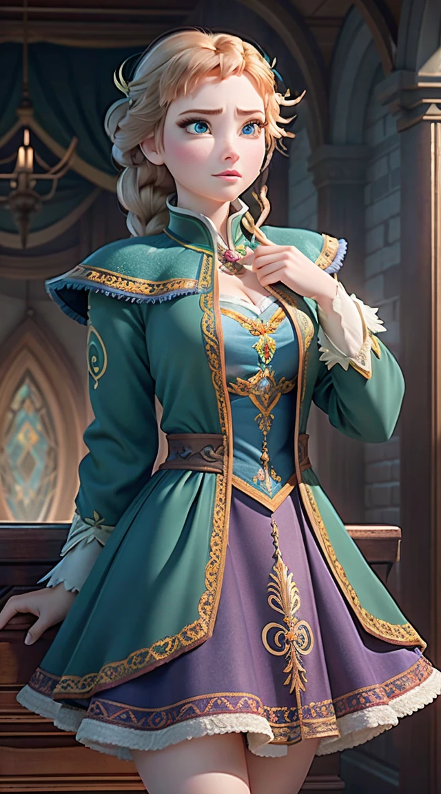 Photo of Anna of Arendelle as a maestro, maestro, maestro clothes, mini dress, Anna from Disney's Frozen movie, high and sexy, magnificent face, perfect body, provocative, beautiful, show breasts, huge breasts, high, sexy legs, bursting huge breasts, Wide hips, busty, sexy, huge breasts, happy, full body view.