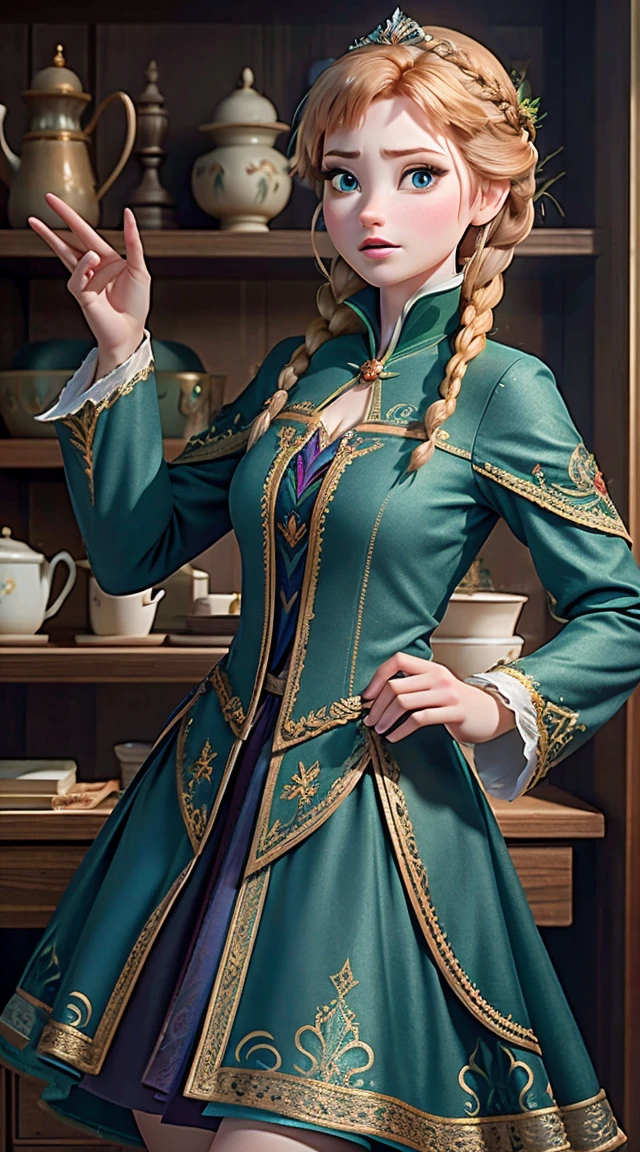 Photo of Anna of Arendelle as a maestro, maestro, maestro clothes, mini dress, Anna from Disney's Frozen movie, high and sexy, magnificent face, perfect body, provocative, beautiful, show breasts, huge breasts, high, sexy legs, bursting huge breasts, Wide hips, busty, sexy, huge breasts, happy, full body view.